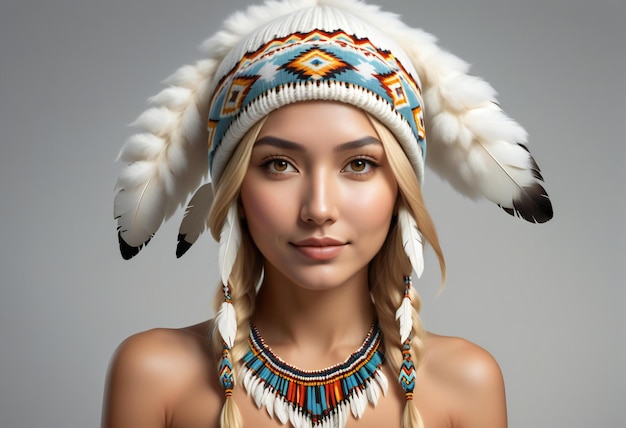 Portrait of a beautiful young woman with long blond hair wearing indian headdress