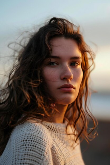 Photo portrait of a beautiful young woman with long brown hair on the beach