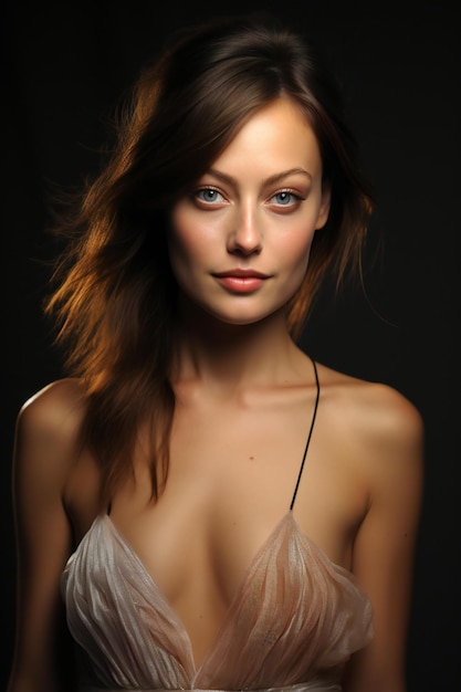 Portrait of beautiful young woman with long brown hair on black background