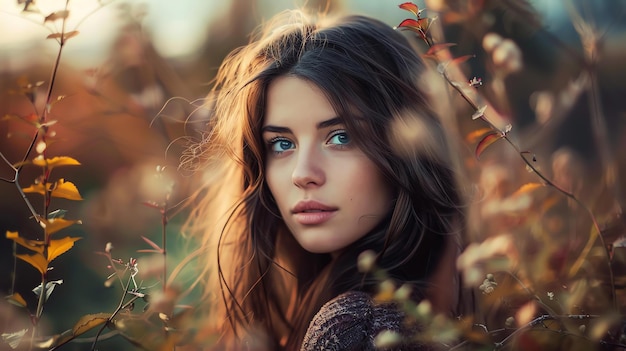 Portrait of a beautiful young woman with long brown hair and blue eyes She is standing in a field of flowers and looking at the camera