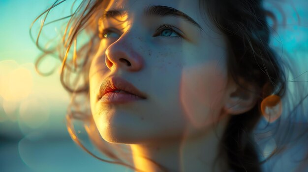 Portrait of a beautiful young woman with long brown hair and freckles on her face She is looking up at the sky with a serene expression on her face