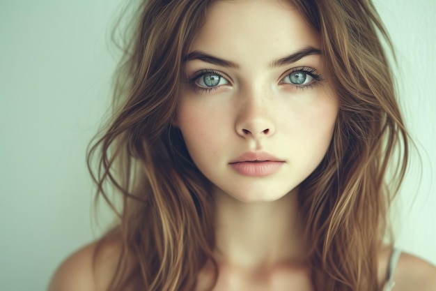 Portrait of a beautiful young woman with long brown hair and green eyes