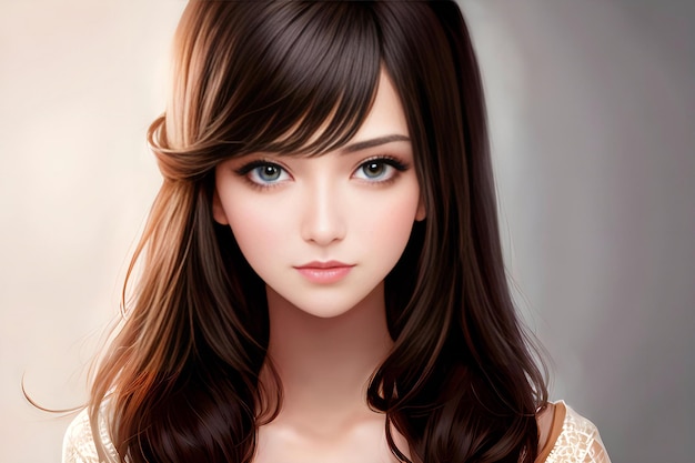 Portrait of a beautiful young woman with long brown hair and makeup