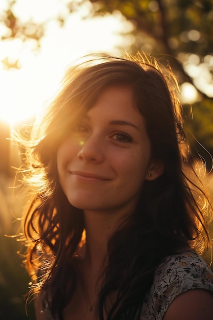 Portrait of a beautiful young woman with long brown hair in the rays of the setting sun