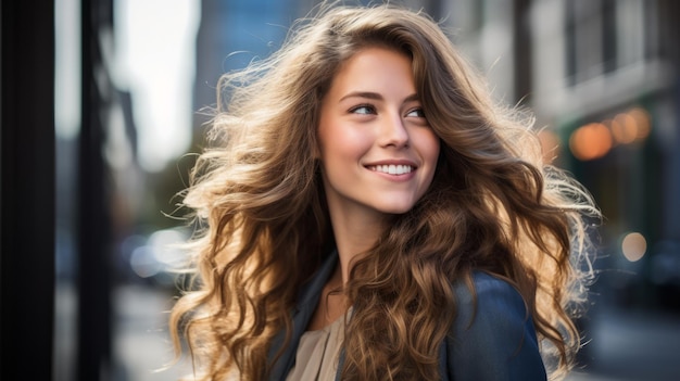 Portrait of a beautiful young woman with long brown hair smiling