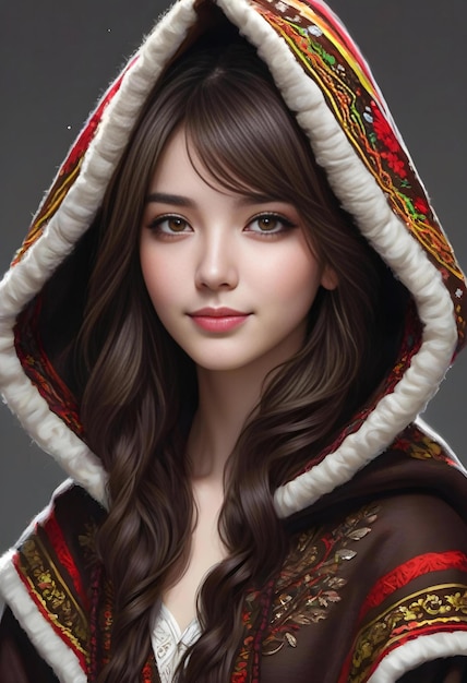 Portrait of a beautiful young woman with long brown hair in traditional clothes