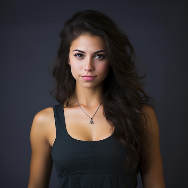 Portrait of a beautiful young woman with long brown hair wearing a black tank top