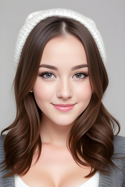 Portrait of a beautiful young woman with long brown hair and white hat