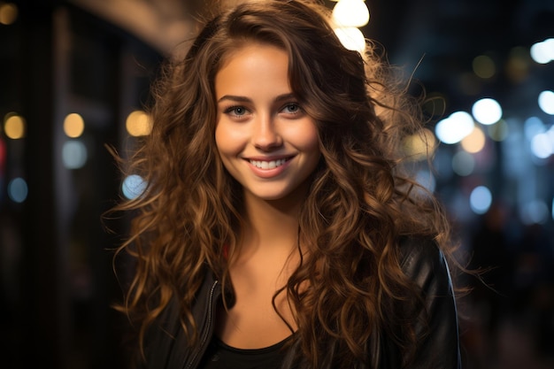 portrait of a beautiful young woman with long curly hair in the city at night