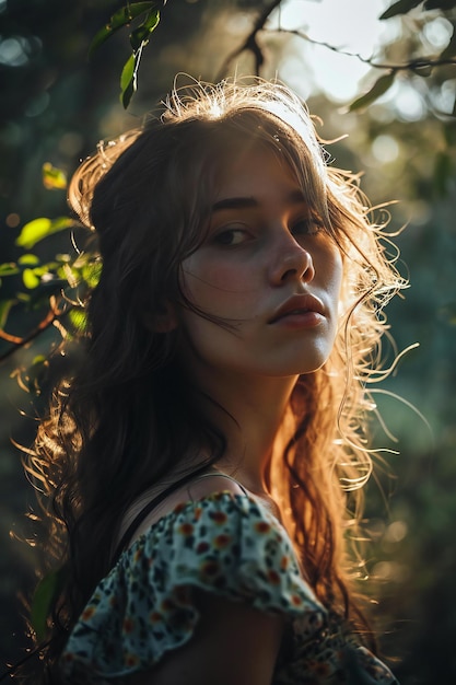 Portrait of beautiful young woman with long curly hair and green eyes