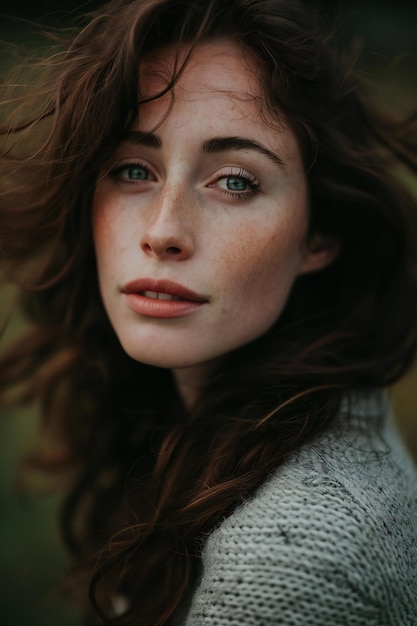 Portrait of a beautiful young woman with long curly hair in a knitted sweater