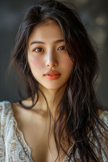 Portrait of a Beautiful Young Woman with Long Dark Hair and Natural Makeup Looking Gently into the