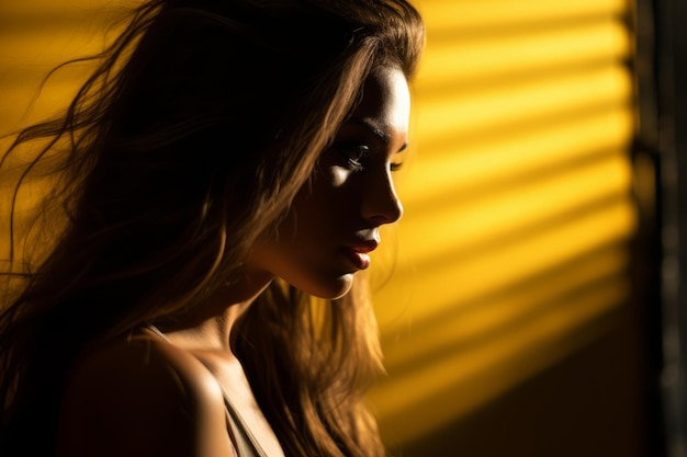 portrait of beautiful young woman with long hair in front of yellow light