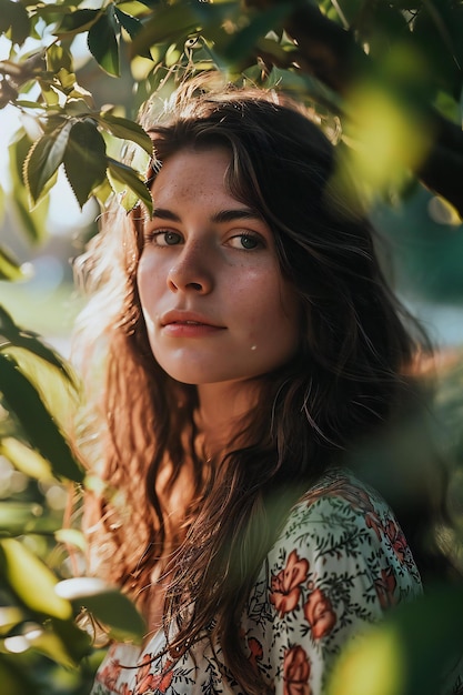 Photo portrait of a beautiful young woman with long hair in the garden