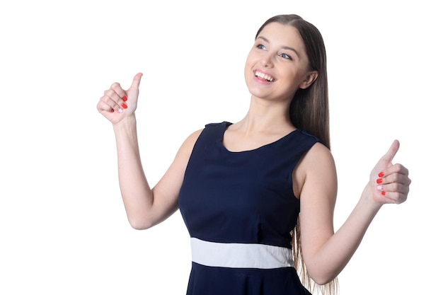 Portrait of beautiful young woman with long hair posing isolated on white background