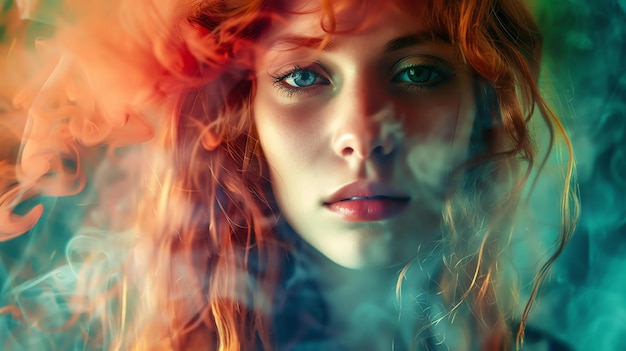 Portrait of a beautiful young woman with long red hair and blue eyes She is looking at the camera with a serious expression