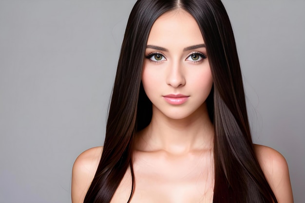 長くまっすぐな茶色の髪を持つ美しい若い女性の肖像画