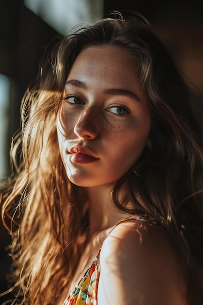 Foto ritratto di una bella giovane donna con i capelli lunghi e ondulati