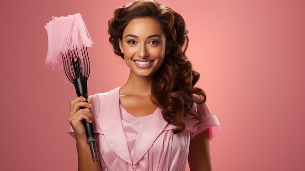 portrait of beautiful young woman with makeup brush and hairstyle on pink background