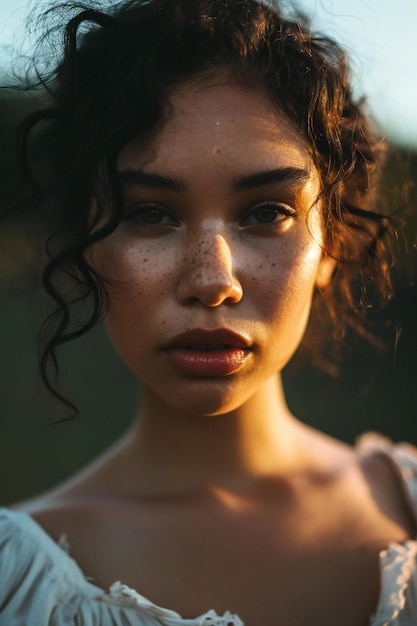 Foto ritratto di una bella giovane donna con il trucco e i capelli ricci