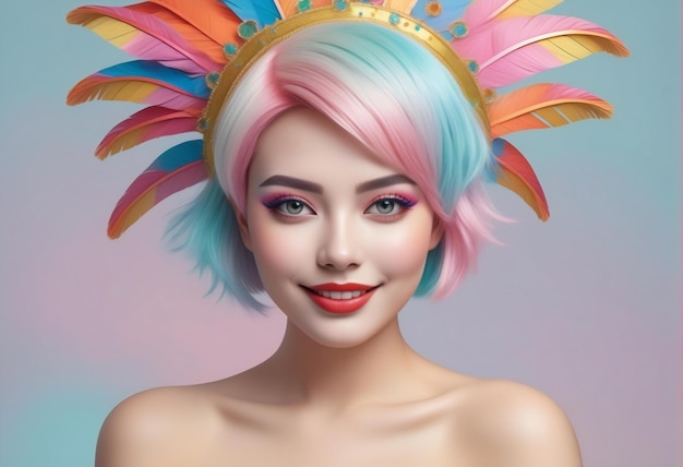 Portrait of a beautiful young woman with multicolored hair and bright makeup