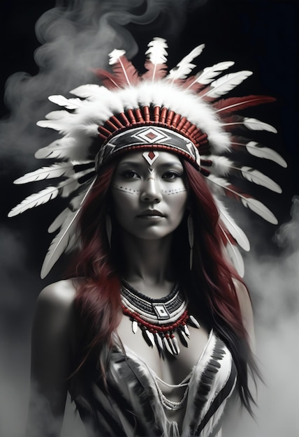 Портрет красивой молодой женщины с головным убором коренных американцев
