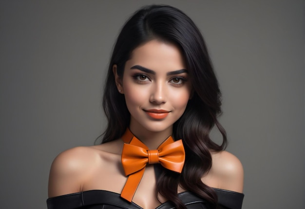 Portrait of beautiful young woman with orange bow tie on grey background