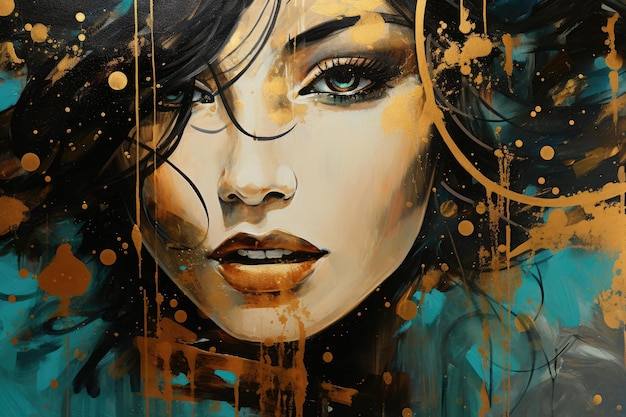 Portrait of a beautiful young woman with painted face and hair closeup painting wall futurism overturned princess impressionism gold black aqua colors AI Generated