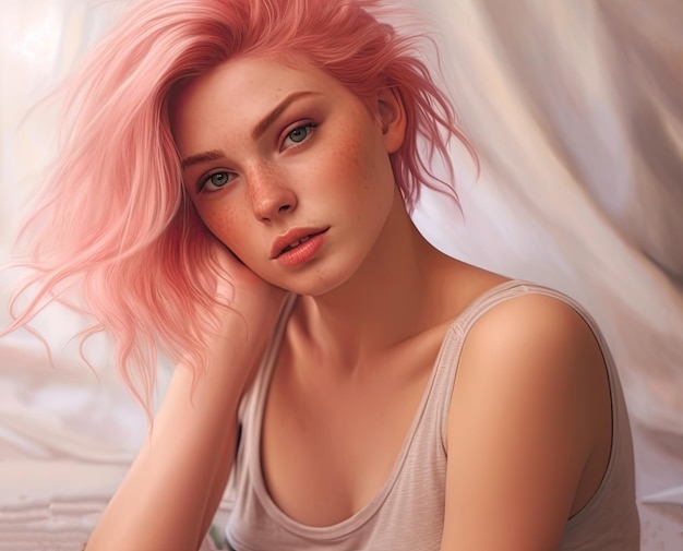 Photo portrait of a beautiful young woman with pink hair in bed