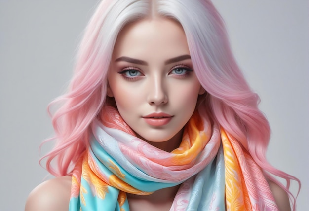 Portrait of beautiful young woman with pink hair and colorful scarf