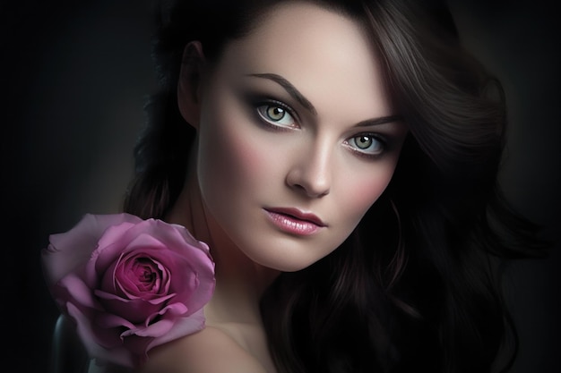 Portrait of beautiful young woman with pink rose flower on black background