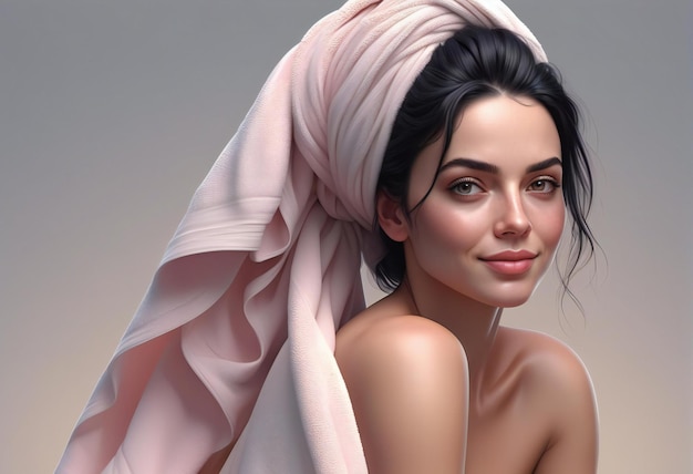 Portrait of a beautiful young woman with a pink towel on her head