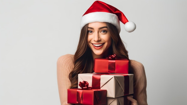 Portrait of a beautiful young woman with presents wearing a Christmas hat