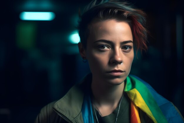 Portrait of a beautiful young woman with a pride rainbow scarf