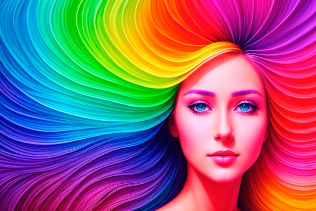 Portrait of a beautiful young woman with rainbow hair on a multicolored background Beauty fashion Generative AI