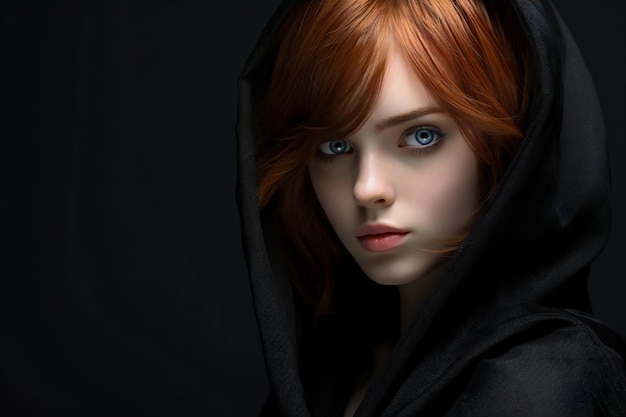 Портрет красивой молодой женщины с рыжими волосами в черном капюшоне
