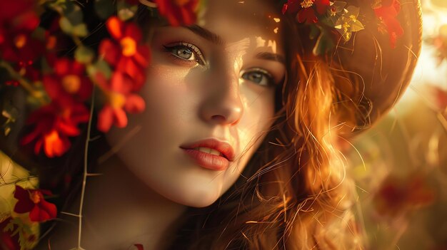 Portrait of a beautiful young woman with red hair and blue eyes She is wearing a straw hat and is surrounded by red flowers