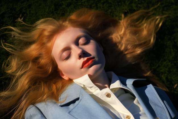 Portrait of a beautiful young woman with red hair in a blue jacket