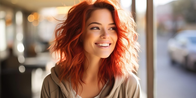 Portrait of a beautiful young woman with red hair in a cafe