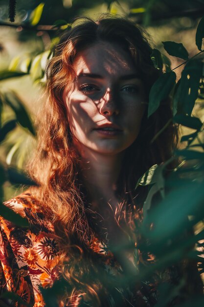 Photo portrait of a beautiful young woman with red hair in the garden