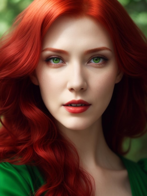 Photo portrait of a beautiful young woman with red hair and green eyes ai generated