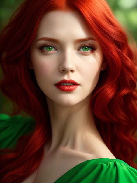 Photo portrait of a beautiful young woman with red hair and green eyes ai generated