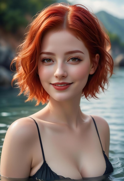 Portrait of a beautiful young woman with red hair in a swimming pool