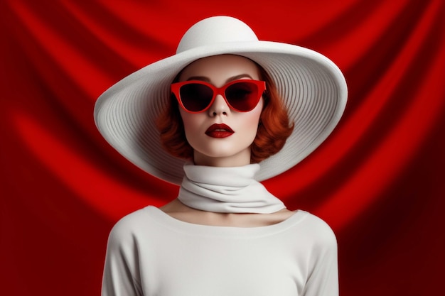 Portrait of a beautiful young woman with red hair in a white hat and sunglasses on a red background