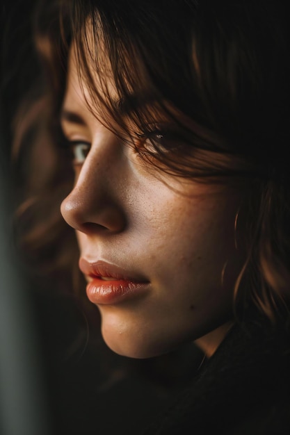 Photo portrait of a beautiful young woman with red lips and brown hair