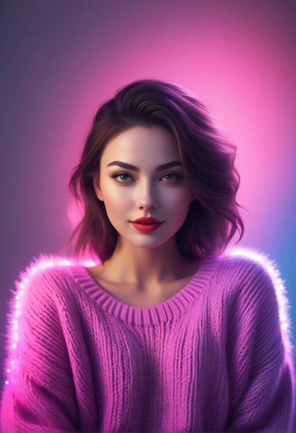 Portrait of a beautiful young woman with red lips in a pink sweater