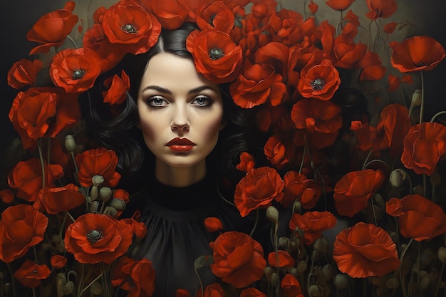 Photo portrait of a beautiful young woman with red poppies beauty fashion