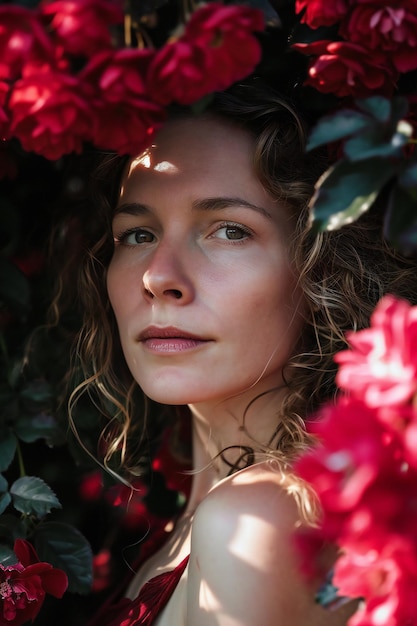 Portrait of a beautiful young woman with red roses in the garden