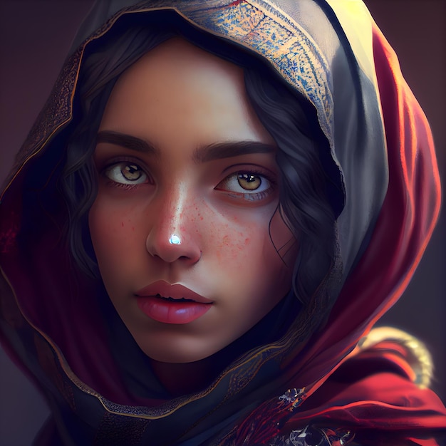 Portrait of a beautiful young woman with a red veil on her head