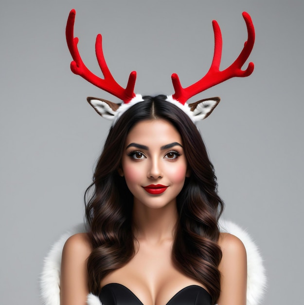 Portrait of beautiful young woman with reindeer horns on head